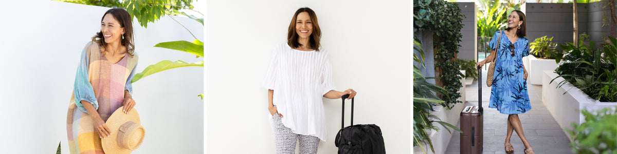 Brunette woman in beach vacation outfits including no-iron crinkle cotton styles.