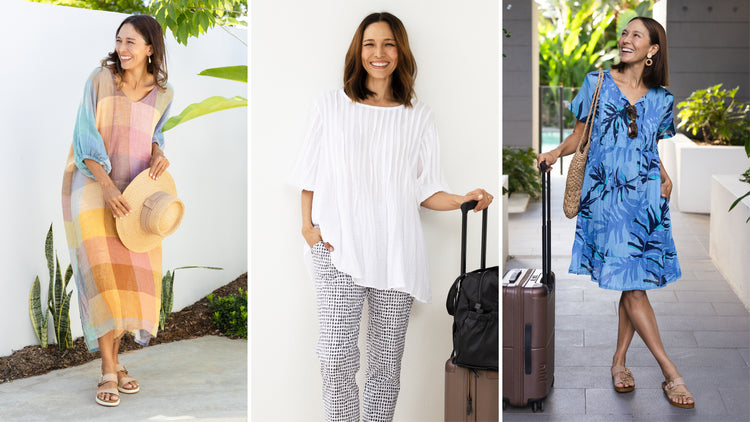 Brunette woman in beach vacation outfits including no-iron crinkle cotton styles.