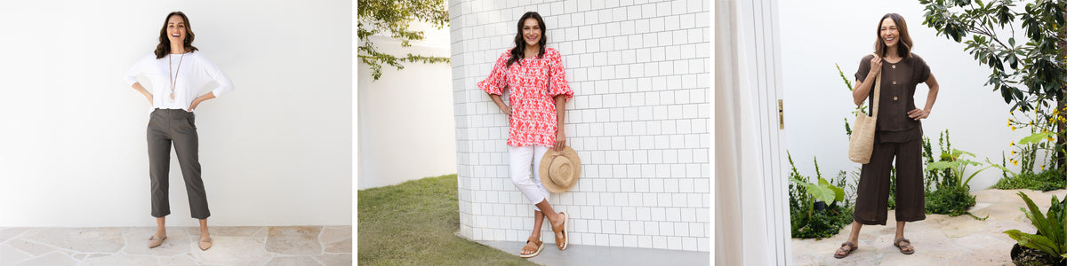 Brunette women wearing petite friendly cropped pants and jeans with pockets.