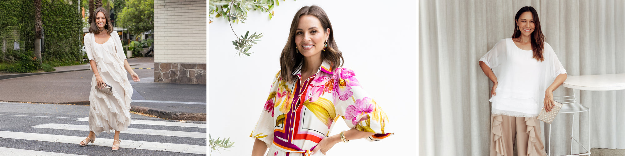 Brunette women wearing cocktail event outfits.