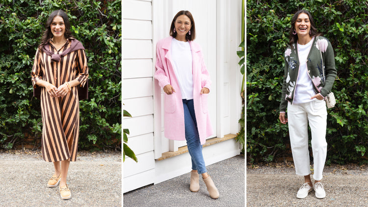 Three brunette women wearing colourful Easter holiday outfits at brunch, church and in the garden.