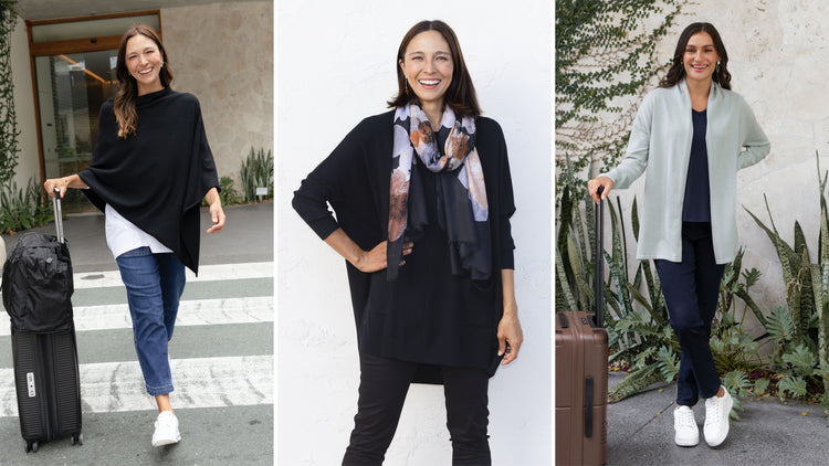 Brunette women wearing winter holiday outfits.