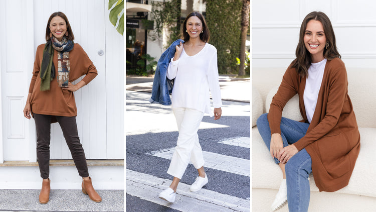 Brunette women wearing knitwear pieces styled for summer, autumn, winter, and spring.