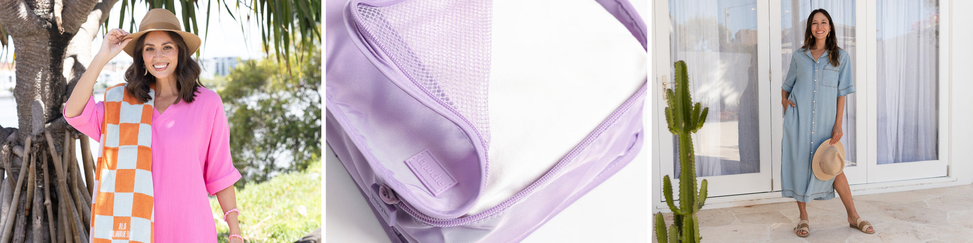 Brunette models wearing summer dresses, holding travel hats and a purple travel packing cube.