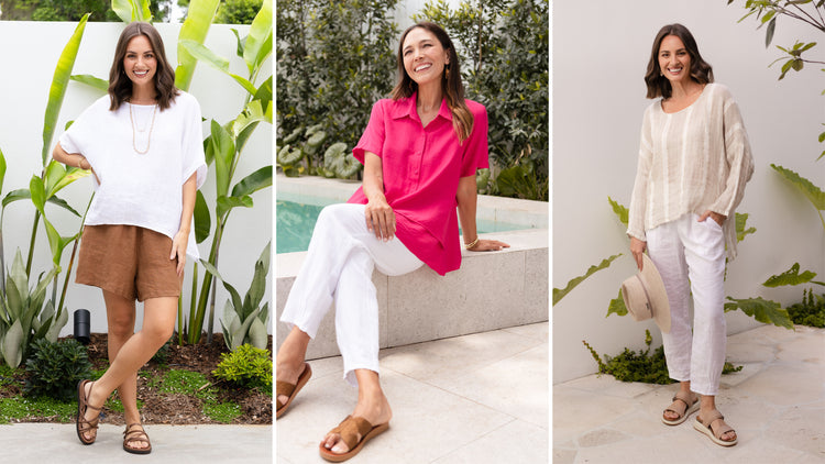 Brunette models wearing tropical holiday outfits.