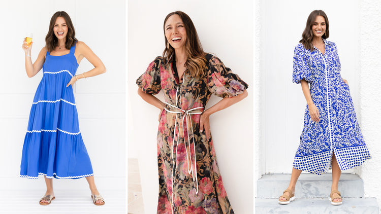 Brunette models wearing event dresses for a garden party event. 