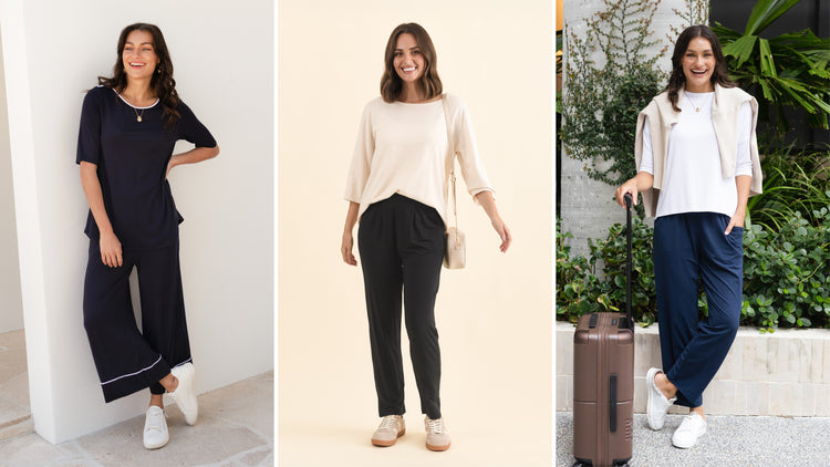 Three brunette women wearing travel pants and comfortable tops for travel days.