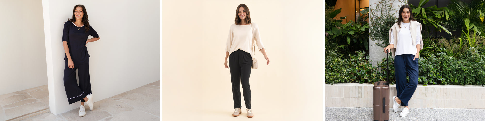 Three brunette women wearing travel pants and comfortable tops for travel days.