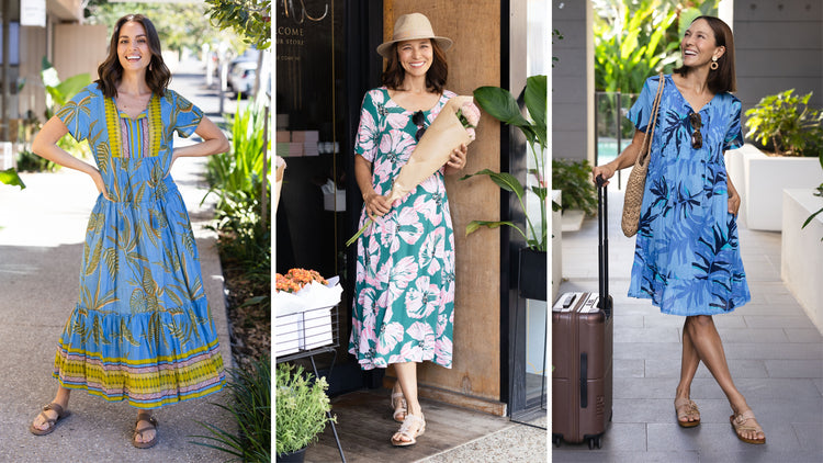 Brunette women wearing a variety of A-line dresses in cool blue and green colour prints