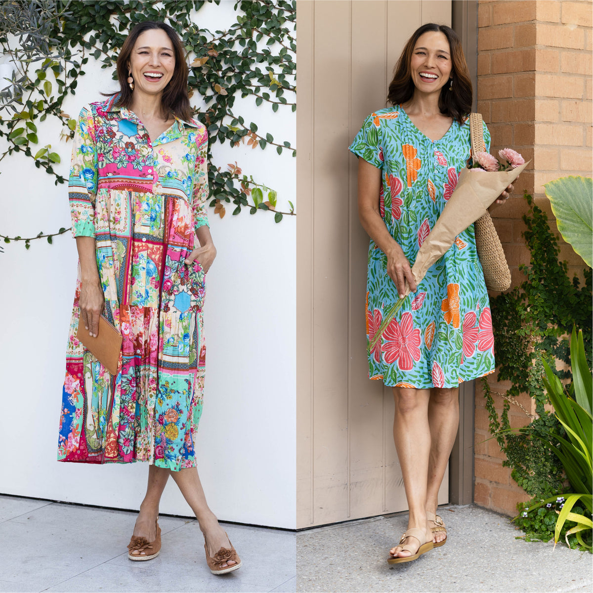Brunette woman in two lengths of printed A-line dresses - short and long