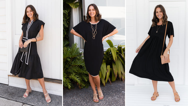 Brunette women wearing simple black dresses for every occasion.