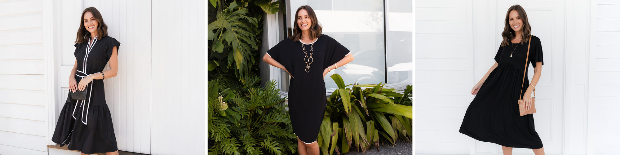 Brunette women wearing simple black dresses for every occasion.