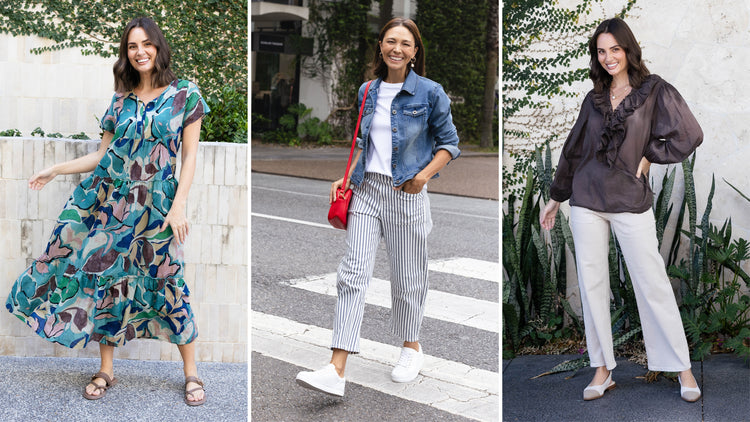 Brunette women wearing comfortable outfits to suit each body type.