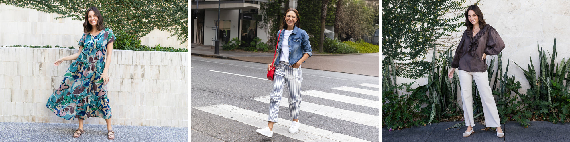 Brunette women wearing comfortable outfits to suit each body type.