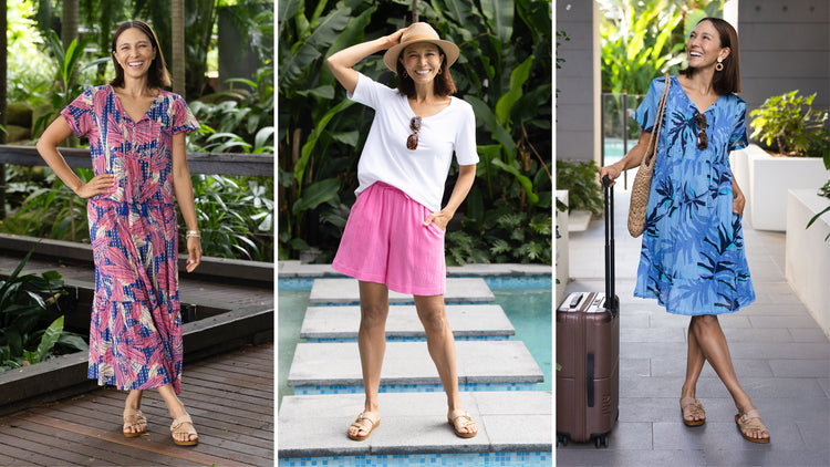 Brunette models wearing colourful, tropical holiday outfits in a resort.