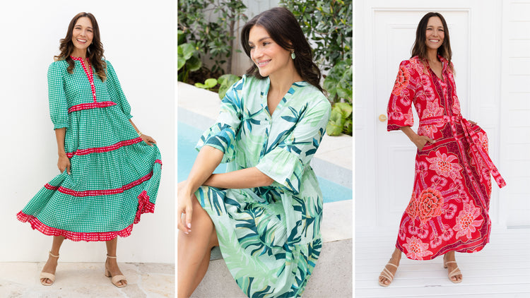 Three brunette women wearing green and red Christmas Day dresses.