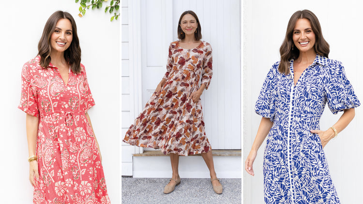Three brunette woman wearing dresses that flatter any age.