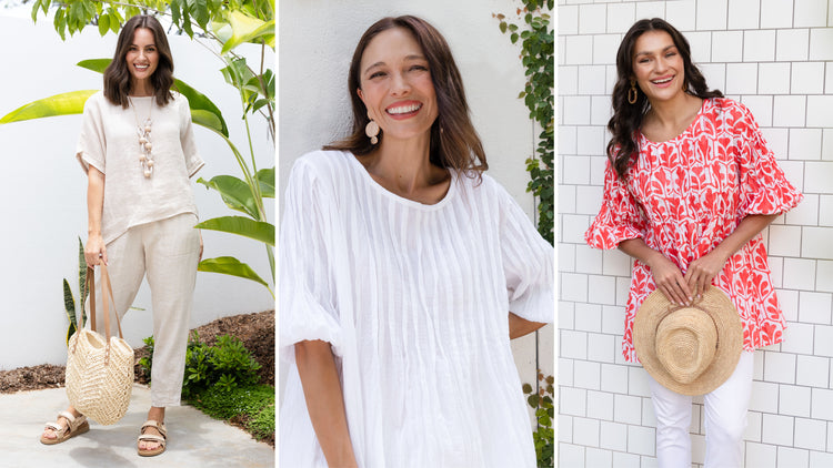 Brunette women wearing casual travel outfits for a holiday in South East Asia.