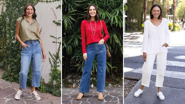 Brunette models wearing stretch jeans.