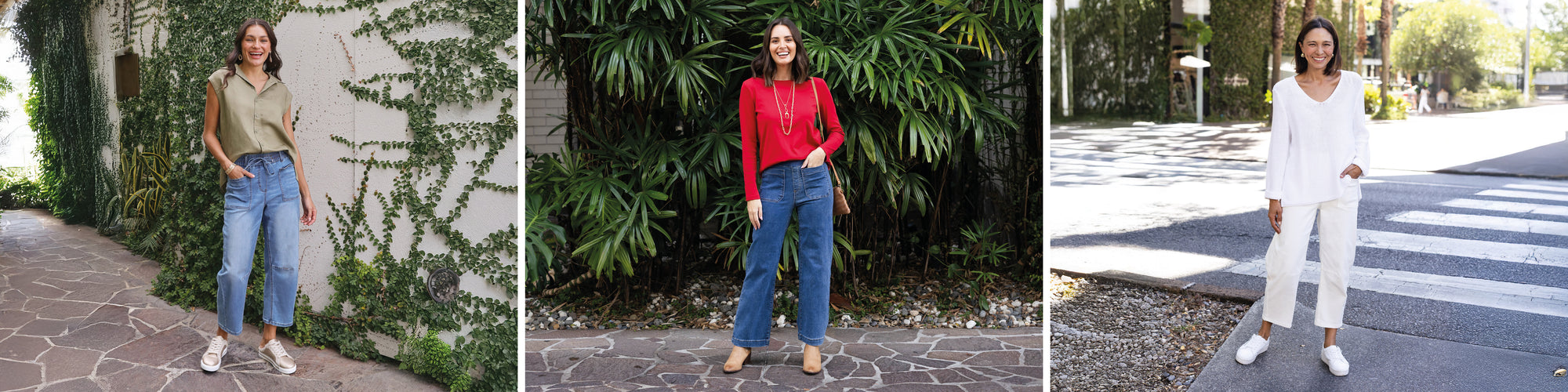 Brunette models wearing stretch jeans.