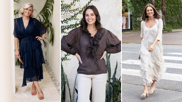Models wearing silk event wear.
