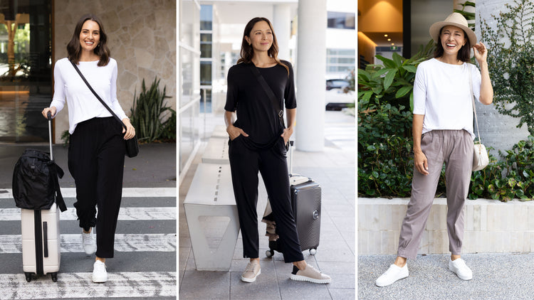 Brunette models wearing comfortable yet stylish airport outfits.