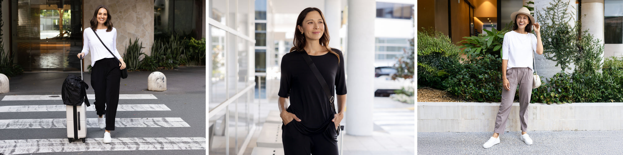 Brunette models wearing comfortable yet stylish airport outfits.