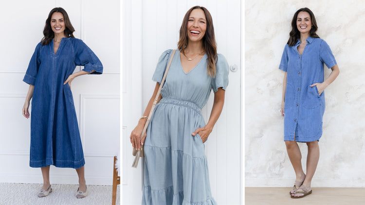 Brunette women in a variety of denim dresses