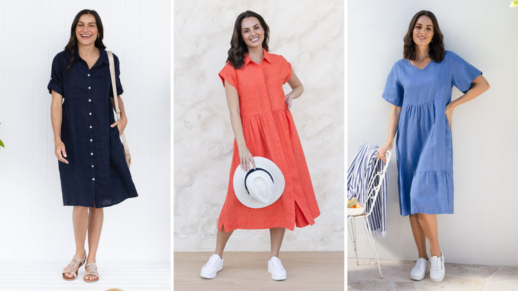 Brunette women in a variety of linen dresses