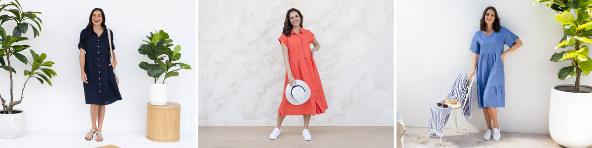 Brunette women in a variety of linen dresses