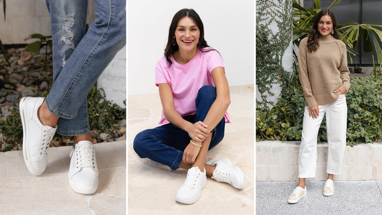 Brunette women wearing white leather shoes from Blue Bungalow.