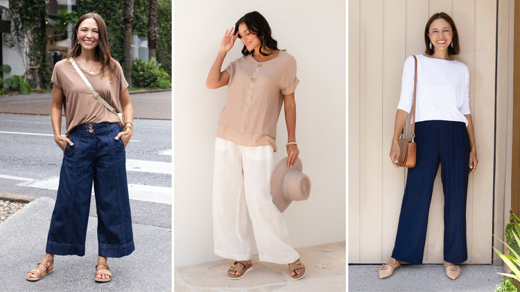 Models wearing wide leg pants. 