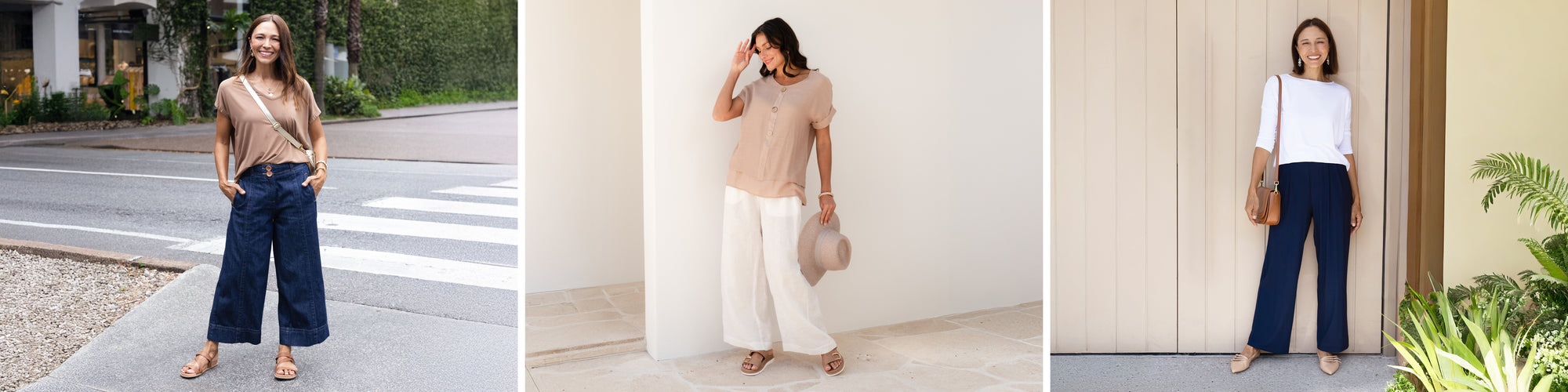 Models wearing wide leg pants. 