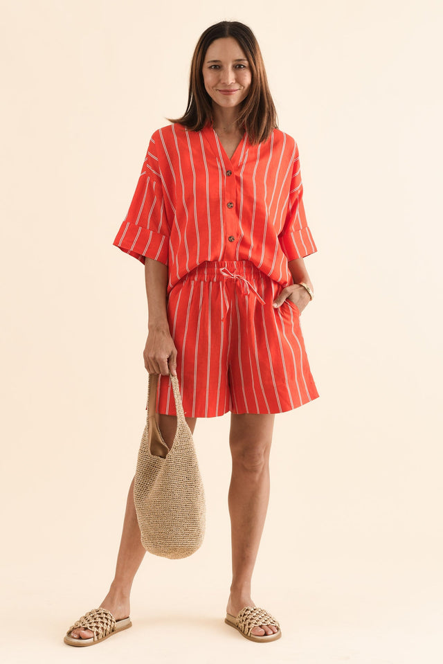 Bloom Orange Stripe Linen Blend Shorts,Full Body,Brunette model,alt text|model:Cara image 2