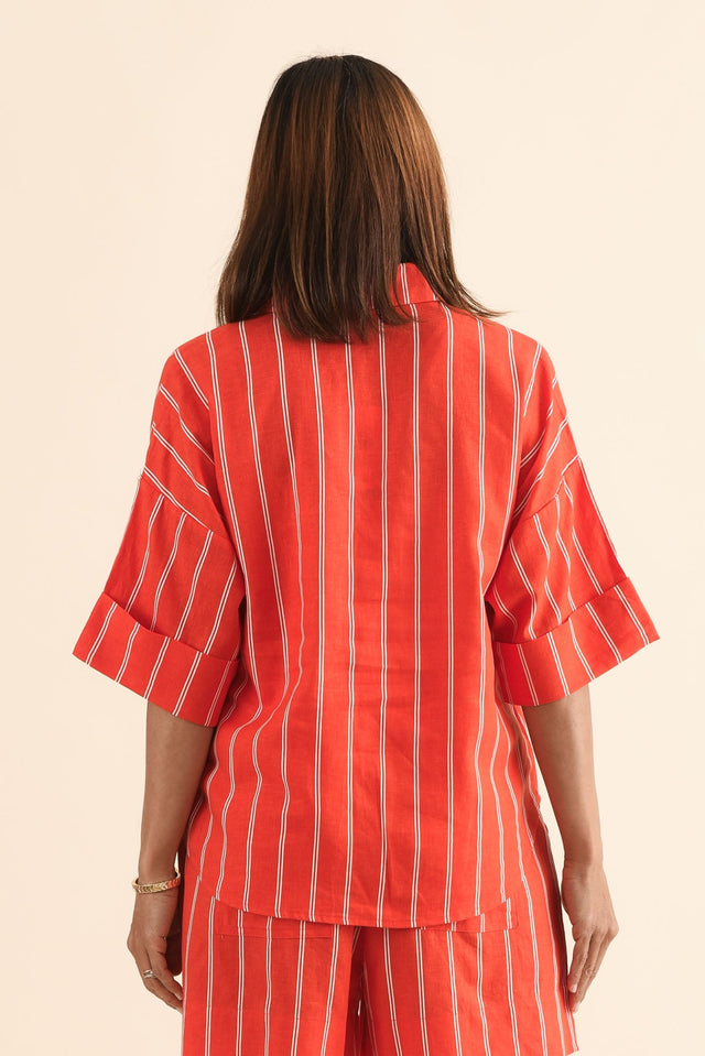 Bloom Orange Stripe Linen Blend Shirt,Back,Brunette model,alt text|model:Cara image 4