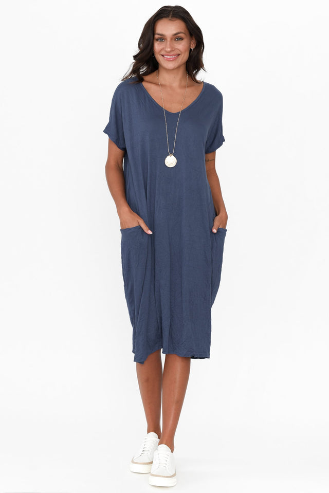 Blue Pocket Crinkle Cotton Midi Dress