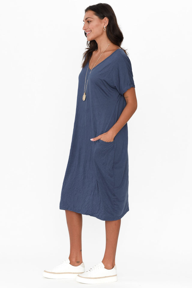 Blue Pocket Crinkle Cotton Midi Dress