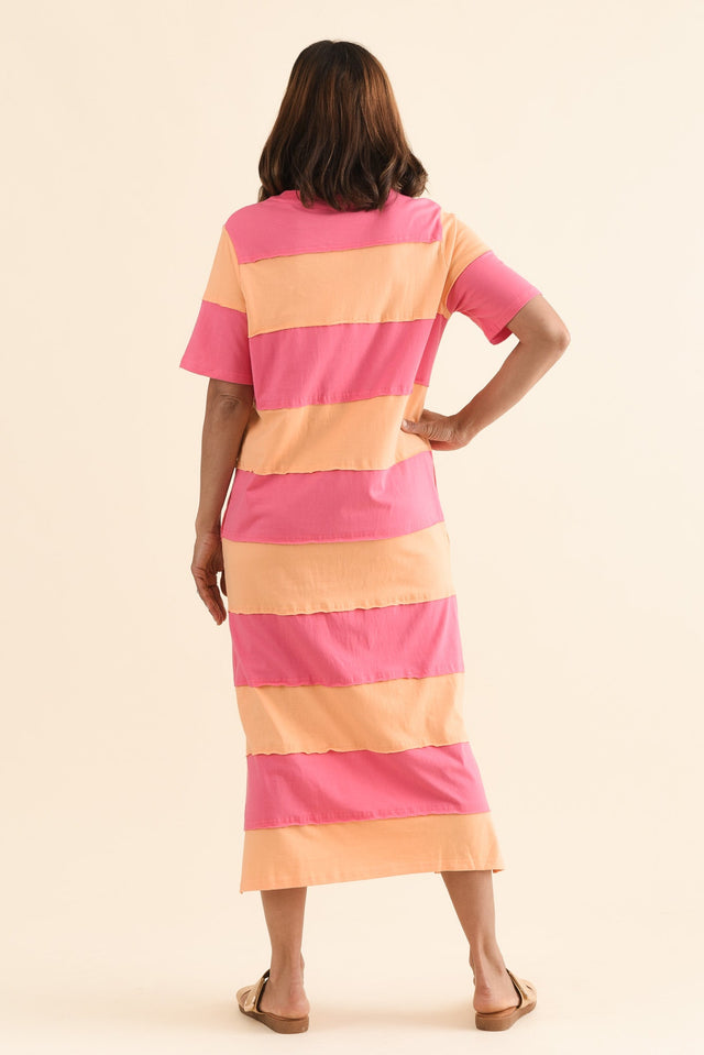 Bold Peach Stripe Cotton Tee Dress,Back,Brunette model,alt text|model:Cara image 4