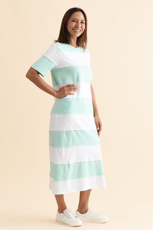 Bold Sky Blue Stripe Cotton Tee Dress,Side,Brunette model,alt text|model:Cara image 3
