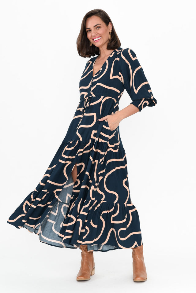 Boleyn Teal Geo Tie Dress hem_Straight length_Maxi sleeve_Long neckline_V Neck sleevetype_Statement print_Geometric colour_Green DRESSES   alt text|model:MJ;wearing:8