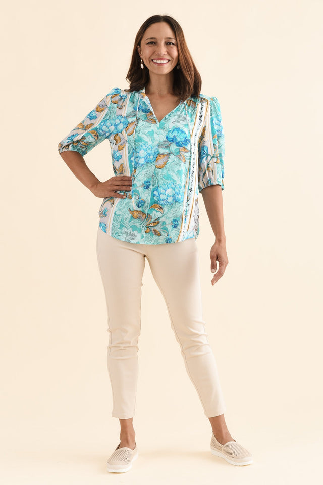 Boreen Blue Floral Button Top,Full Body,Brunette model,alt text|model:Cara