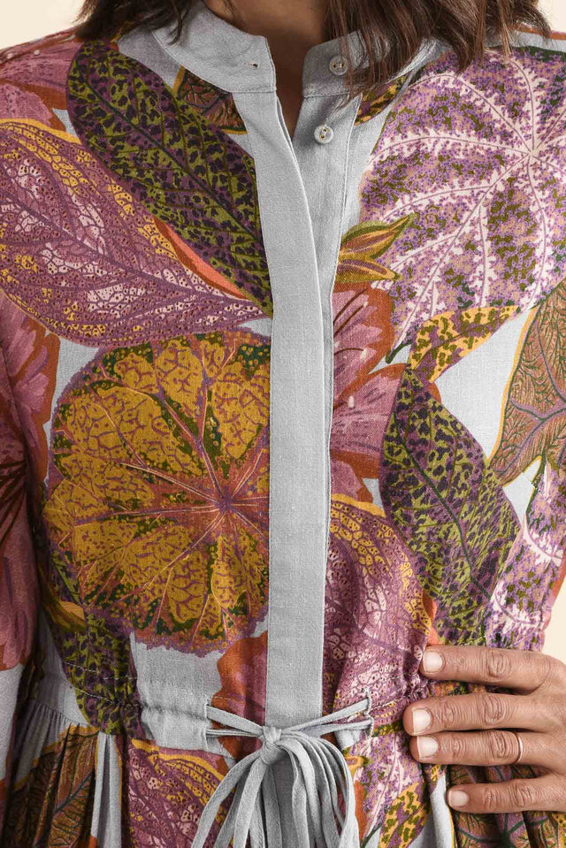 Botanica Purple Leaf Button Dress,Detail,Brunette model,alt text|model:Cara image 5