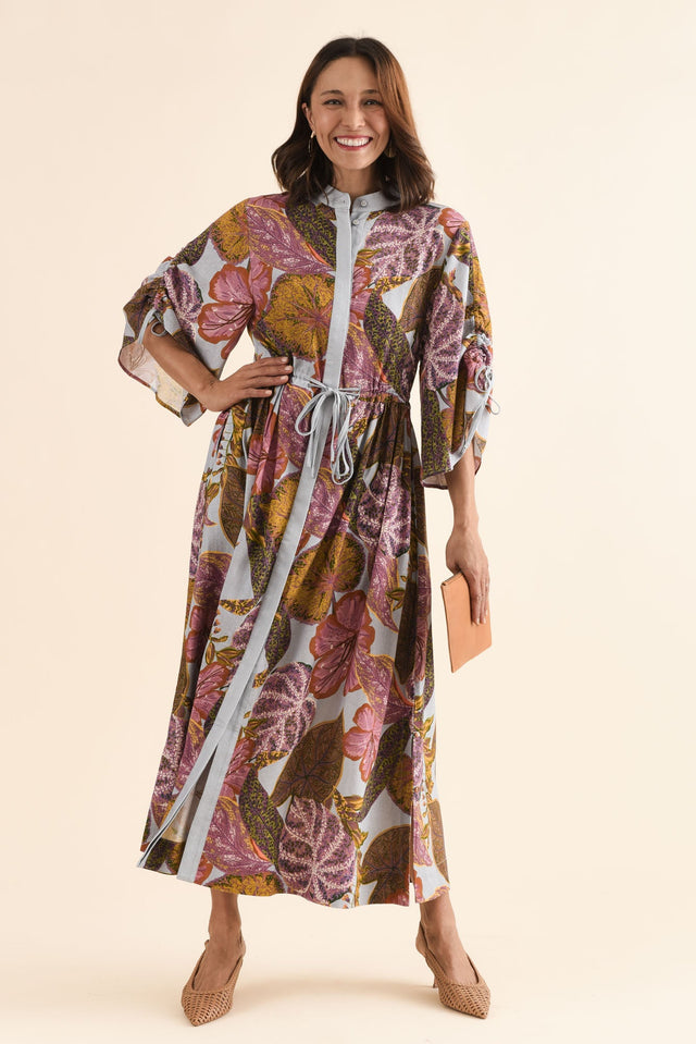 Botanica Purple Leaf Button Dress,Front,Brunette model,alt text|model:Cara