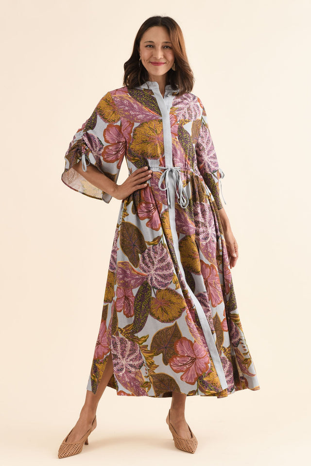 Botanica Purple Leaf Button Dress,Full Body,Brunette model,alt text|model:Cara image 6