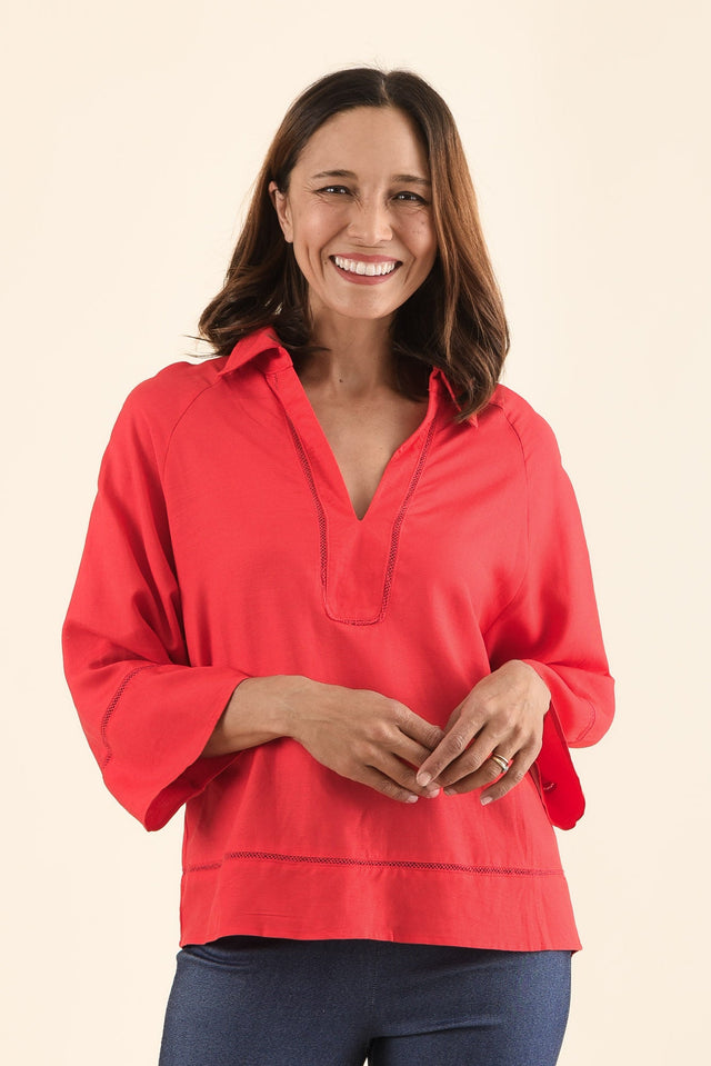 Brayden Red Collared Blouse,Front,Brunette model,alt text|model:Cara image 1