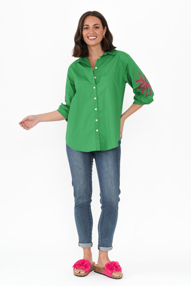 Briella Green Palm Cotton Shirt,Brunette model,alt text|model:MJ image 8