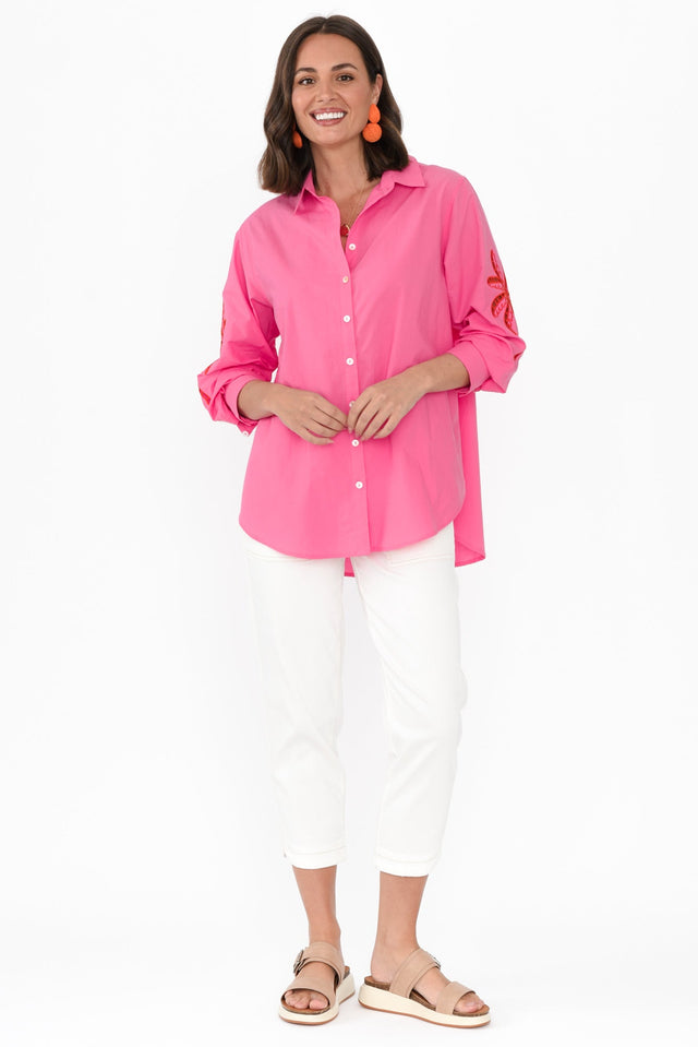 Briella Pink Palm Cotton Shirt,Brunette model,alt text|model:MJ image 7