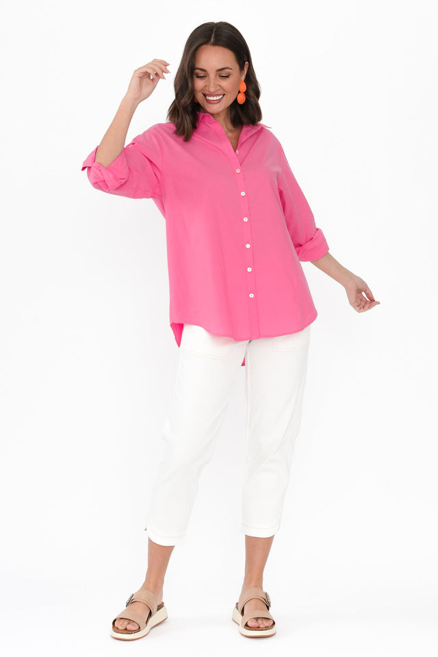 Briella Pink Palm Cotton Shirt,Brunette model,alt text|model:MJ image 3