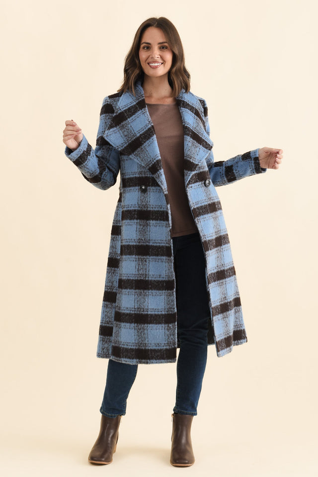 Britney Blue Check Collared Coat,Brunette model,alt text|model:MJ image 7