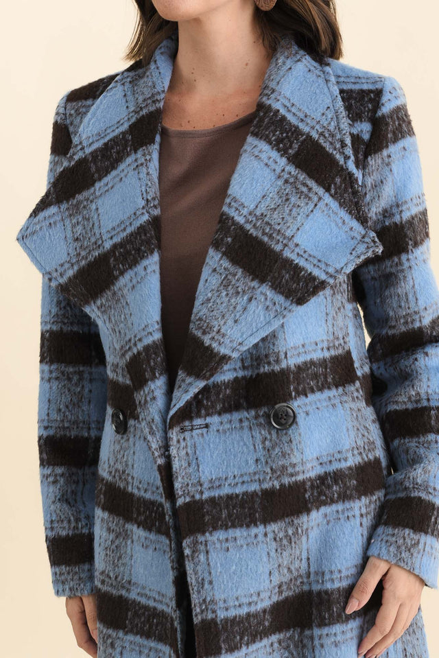 Britney Blue Check Collared Coat,Brunette model,alt text|model:MJ image 6